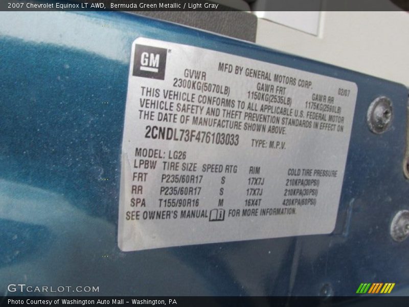 Bermuda Green Metallic / Light Gray 2007 Chevrolet Equinox LT AWD