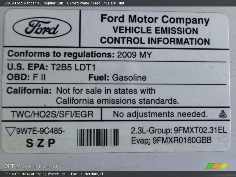 Info Tag of 2009 Ranger XL Regular Cab