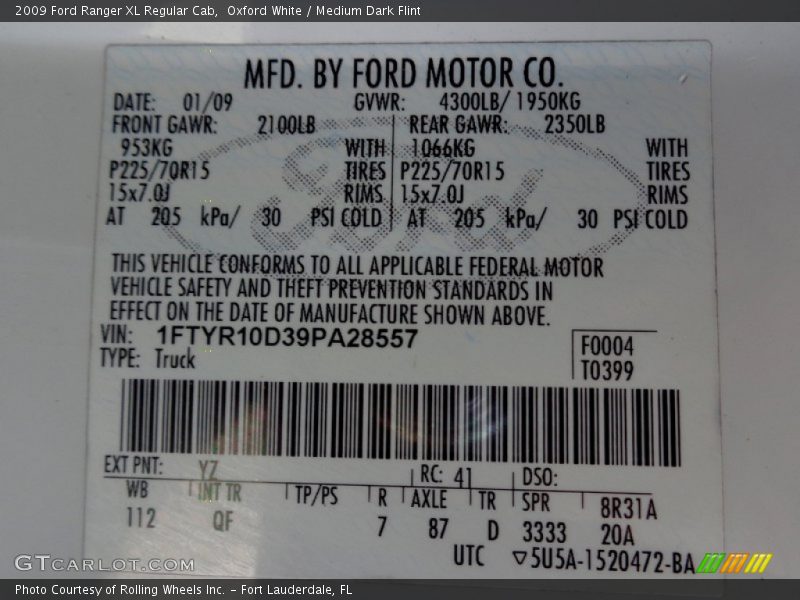 2009 Ranger XL Regular Cab Oxford White Color Code YZ