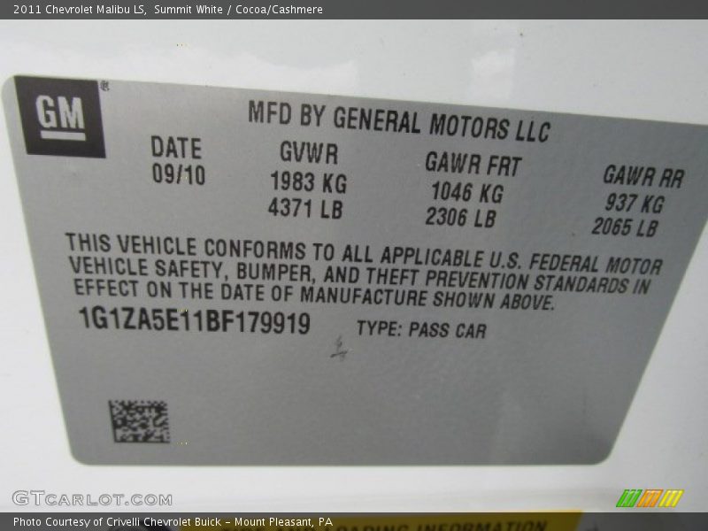 Summit White / Cocoa/Cashmere 2011 Chevrolet Malibu LS