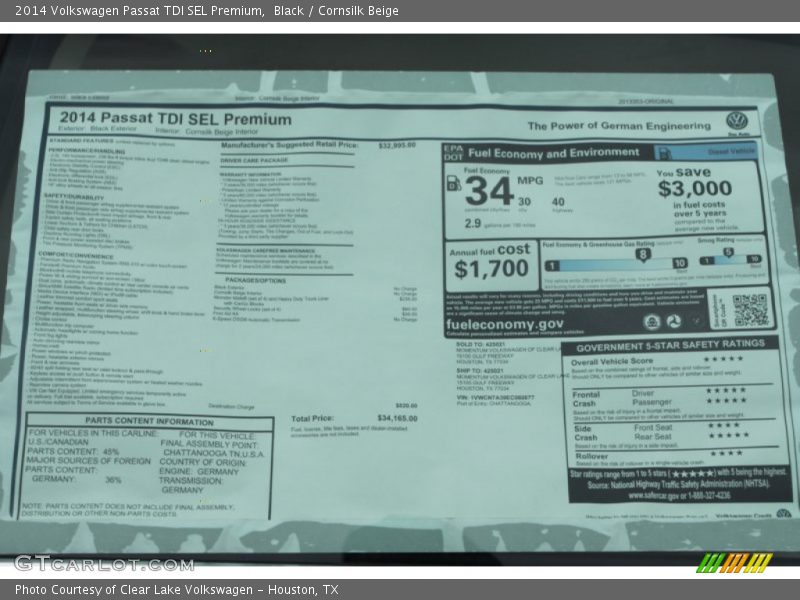Black / Cornsilk Beige 2014 Volkswagen Passat TDI SEL Premium