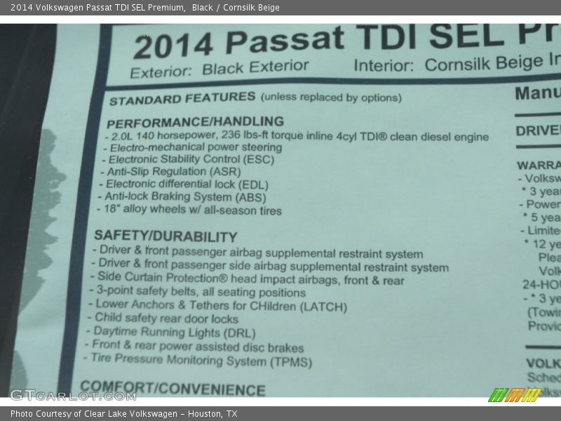 Black / Cornsilk Beige 2014 Volkswagen Passat TDI SEL Premium
