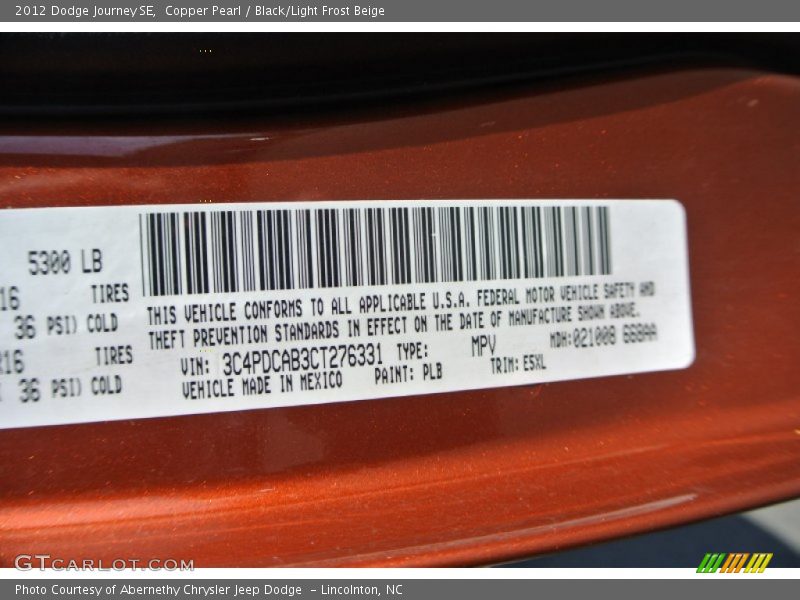 Copper Pearl / Black/Light Frost Beige 2012 Dodge Journey SE