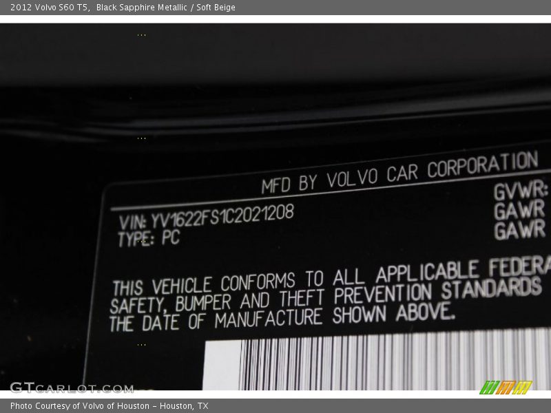 Black Sapphire Metallic / Soft Beige 2012 Volvo S60 T5
