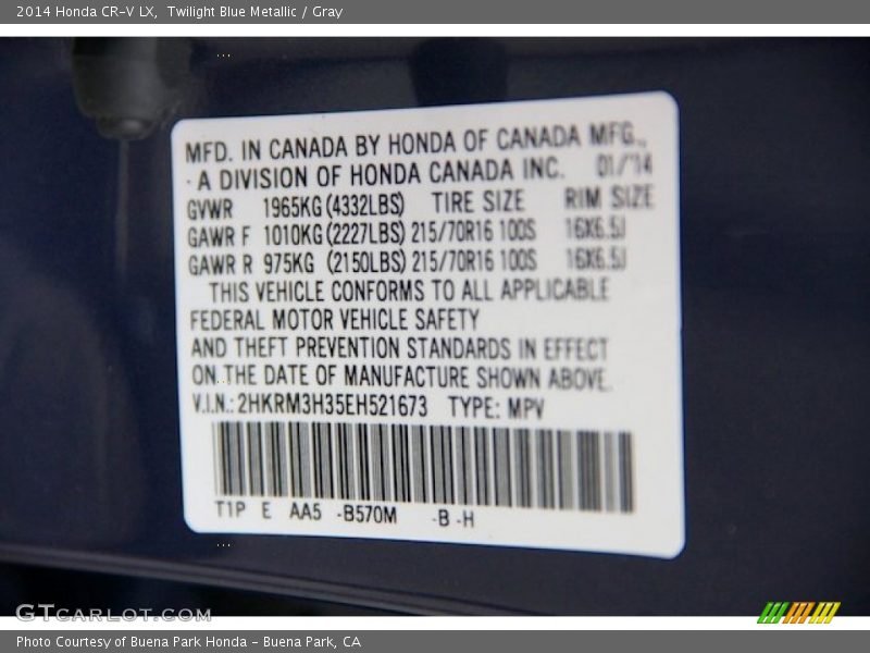 Twilight Blue Metallic / Gray 2014 Honda CR-V LX