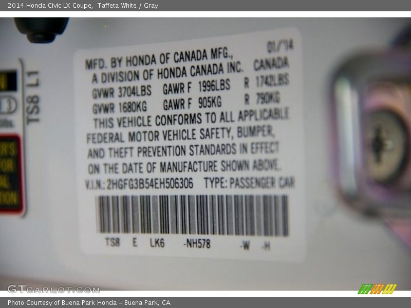 Taffeta White / Gray 2014 Honda Civic LX Coupe
