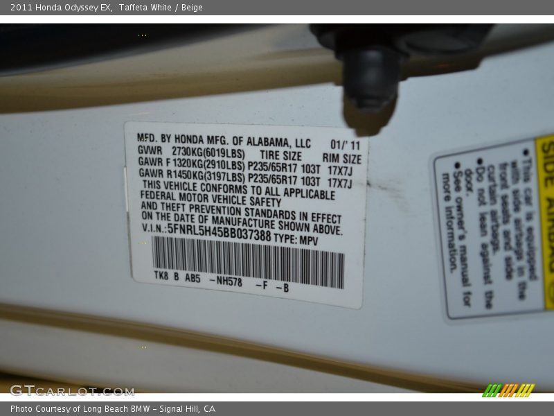 Taffeta White / Beige 2011 Honda Odyssey EX