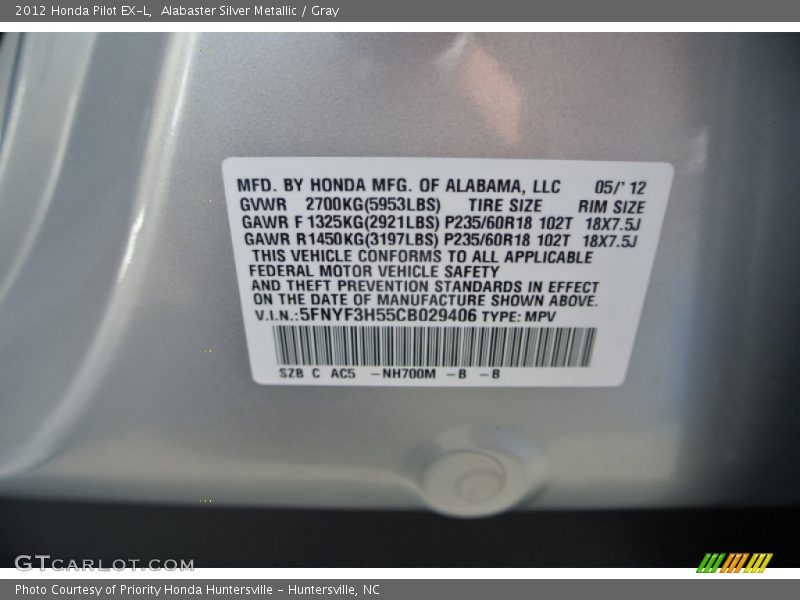 Alabaster Silver Metallic / Gray 2012 Honda Pilot EX-L