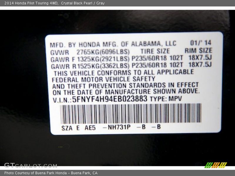Crystal Black Pearl / Gray 2014 Honda Pilot Touring 4WD