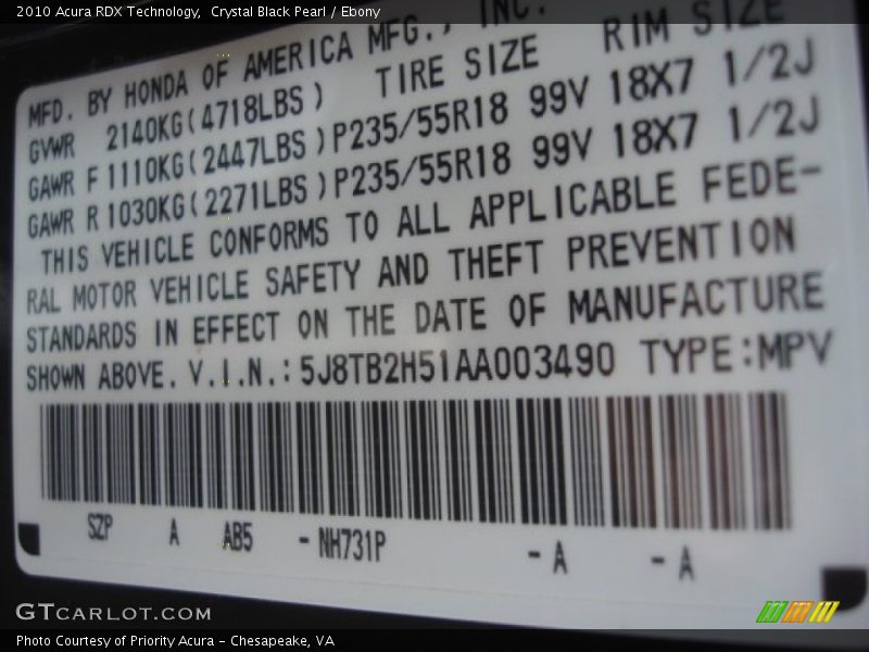 Crystal Black Pearl / Ebony 2010 Acura RDX Technology