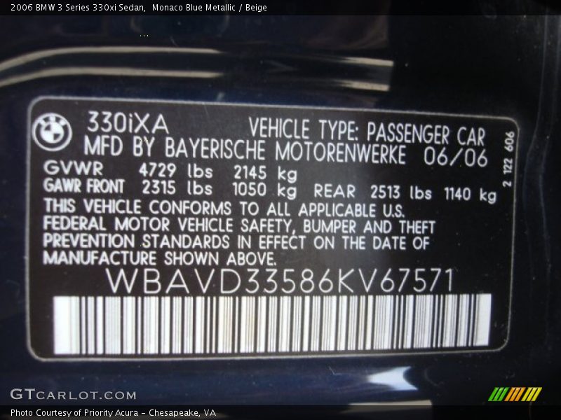 Monaco Blue Metallic / Beige 2006 BMW 3 Series 330xi Sedan