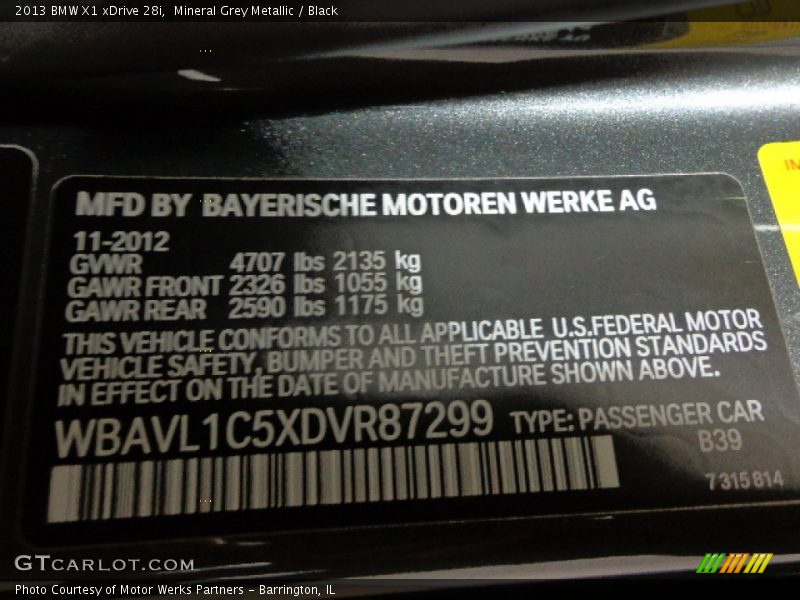 Mineral Grey Metallic / Black 2013 BMW X1 xDrive 28i