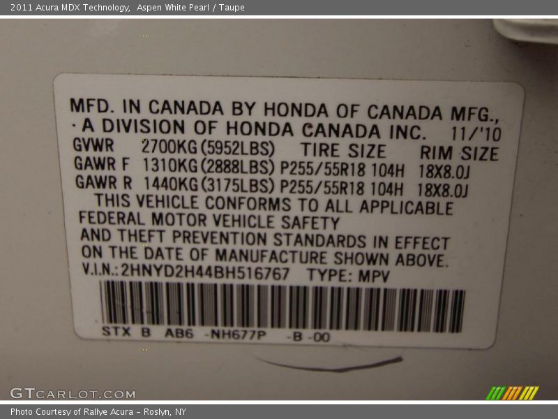 Aspen White Pearl / Taupe 2011 Acura MDX Technology