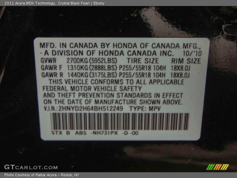 Crystal Black Pearl / Ebony 2011 Acura MDX Technology