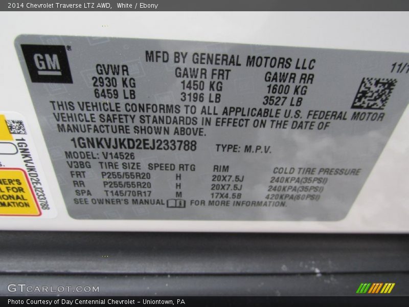 White / Ebony 2014 Chevrolet Traverse LTZ AWD