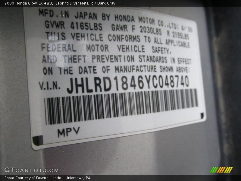 Sebring Silver Metallic / Dark Gray 2000 Honda CR-V LX 4WD