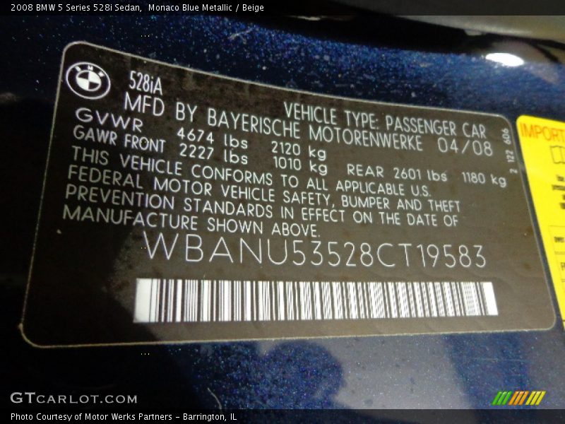 Monaco Blue Metallic / Beige 2008 BMW 5 Series 528i Sedan