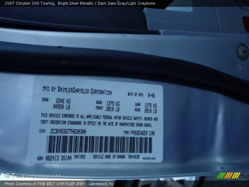 Bright Silver Metallic / Dark Slate Gray/Light Graystone 2007 Chrysler 300 Touring
