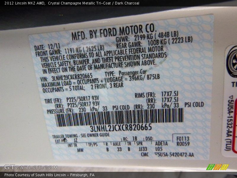 Crystal Champagne Metallic Tri-Coat / Dark Charcoal 2012 Lincoln MKZ AWD