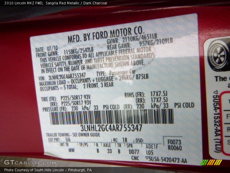 Sangria Red Metallic / Dark Charcoal 2010 Lincoln MKZ FWD
