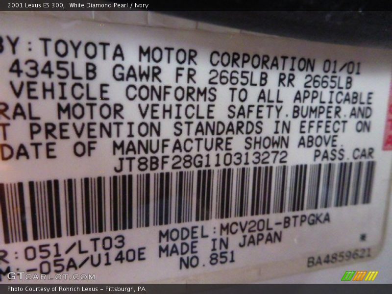 White Diamond Pearl / Ivory 2001 Lexus ES 300
