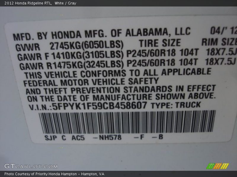 White / Gray 2012 Honda Ridgeline RTL