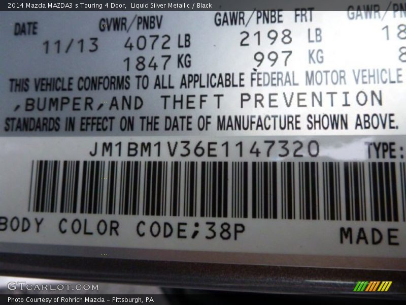 2014 MAZDA3 s Touring 4 Door Liquid Silver Metallic Color Code 38P