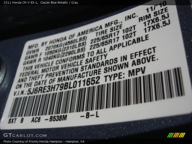 Glacier Blue Metallic / Gray 2011 Honda CR-V EX-L