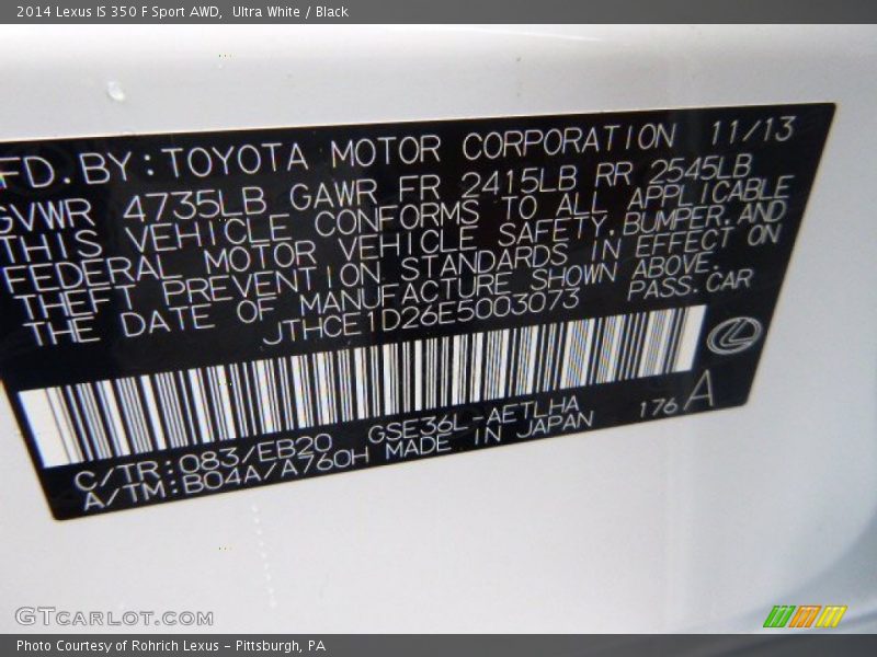 2014 IS 350 F Sport AWD Ultra White Color Code 083