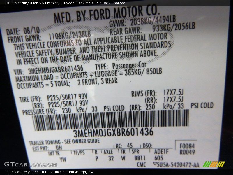 Tuxedo Black Metallic / Dark Charcoal 2011 Mercury Milan V6 Premier