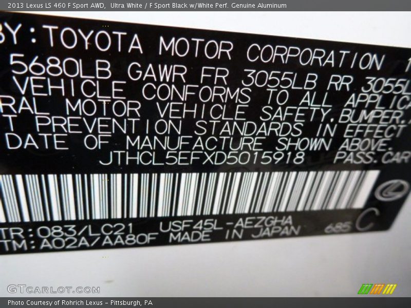 Ultra White / F Sport Black w/White Perf. Genuine Aluminum 2013 Lexus LS 460 F Sport AWD