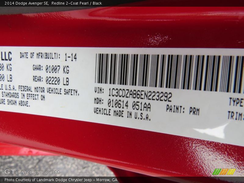 Redline 2-Coat Pearl / Black 2014 Dodge Avenger SE