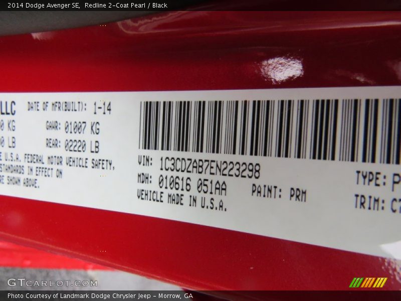 Redline 2-Coat Pearl / Black 2014 Dodge Avenger SE