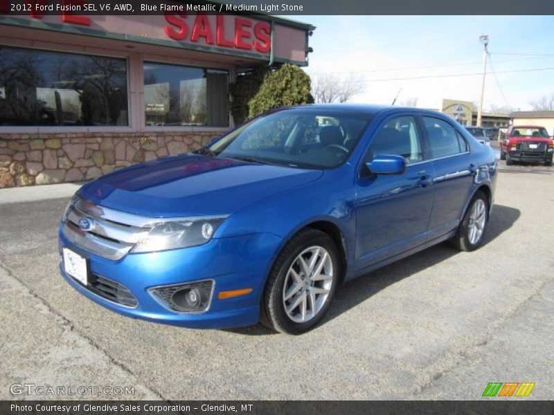 Blue Flame Metallic / Medium Light Stone 2012 Ford Fusion SEL V6 AWD