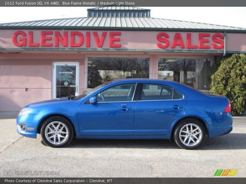 Blue Flame Metallic / Medium Light Stone 2012 Ford Fusion SEL V6 AWD