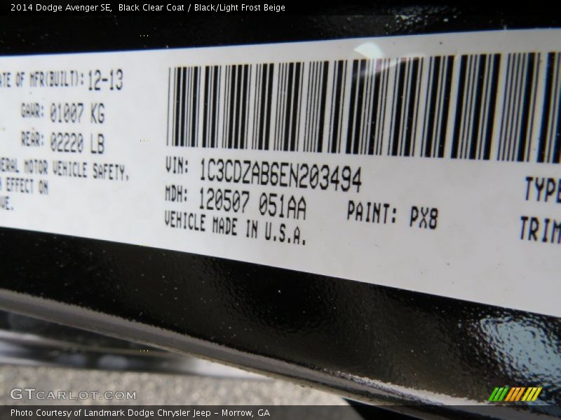 Black Clear Coat / Black/Light Frost Beige 2014 Dodge Avenger SE