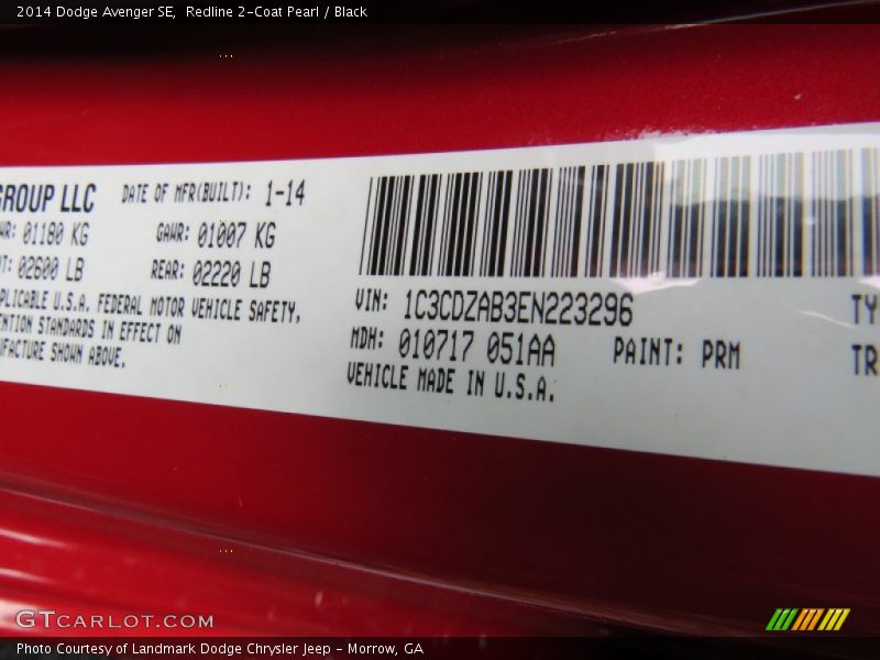 Redline 2-Coat Pearl / Black 2014 Dodge Avenger SE