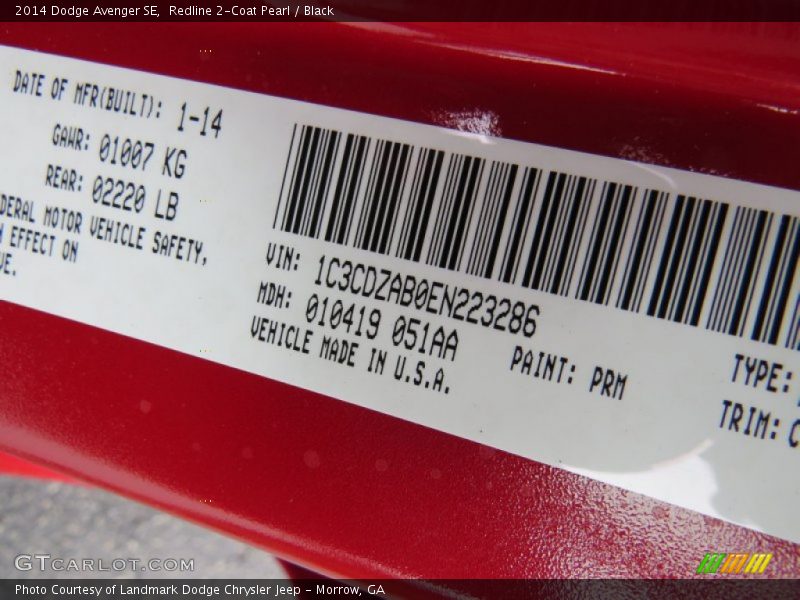 Redline 2-Coat Pearl / Black 2014 Dodge Avenger SE