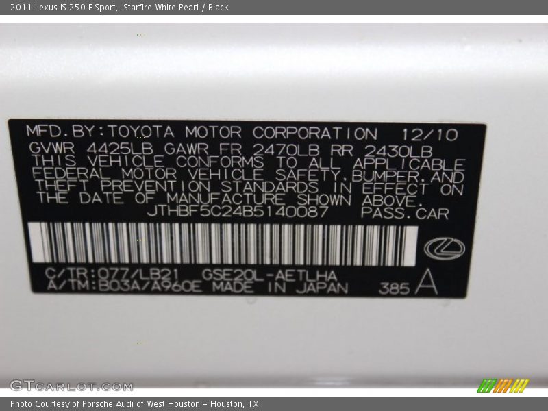 Starfire White Pearl / Black 2011 Lexus IS 250 F Sport