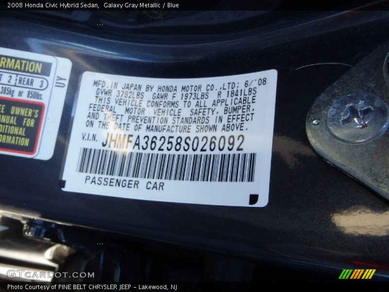 Galaxy Gray Metallic / Blue 2008 Honda Civic Hybrid Sedan