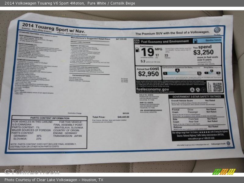 Pure White / Cornsilk Beige 2014 Volkswagen Touareg V6 Sport 4Motion
