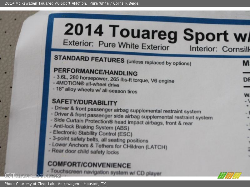 Pure White / Cornsilk Beige 2014 Volkswagen Touareg V6 Sport 4Motion