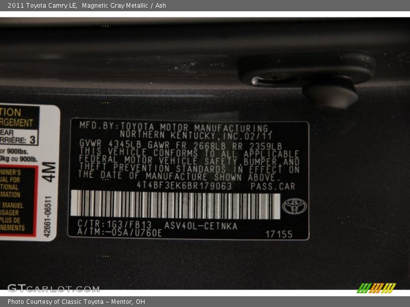 Magnetic Gray Metallic / Ash 2011 Toyota Camry LE