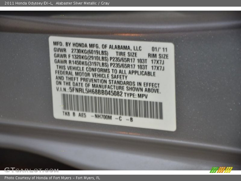 Alabaster Silver Metallic / Gray 2011 Honda Odyssey EX-L