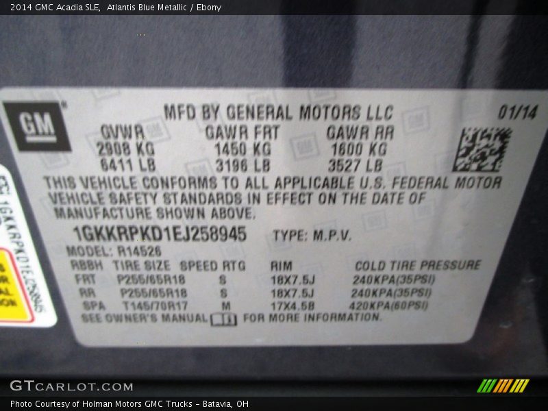 Atlantis Blue Metallic / Ebony 2014 GMC Acadia SLE