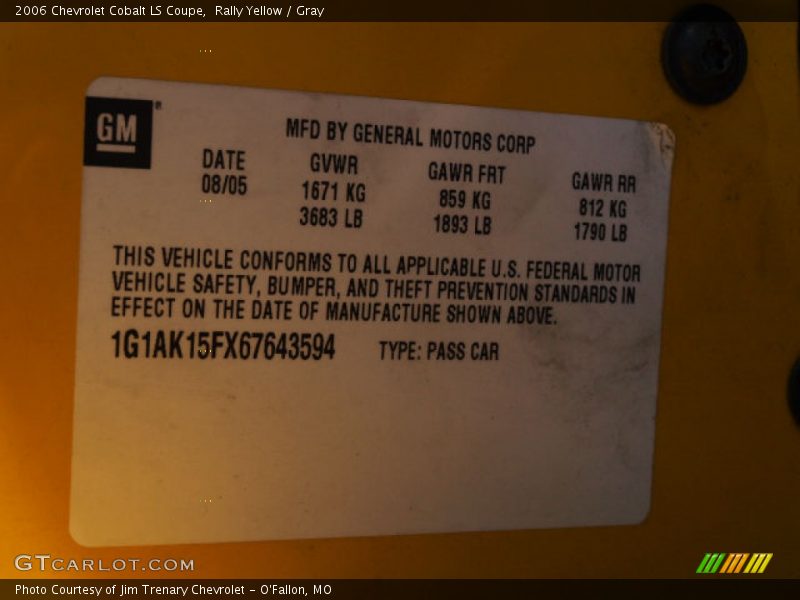 Info Tag of 2006 Cobalt LS Coupe
