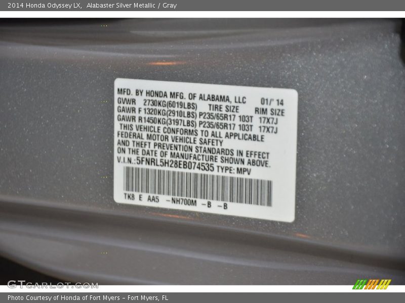 Alabaster Silver Metallic / Gray 2014 Honda Odyssey LX