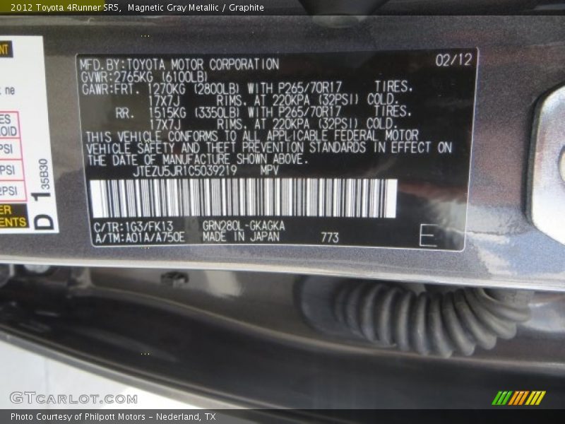 Magnetic Gray Metallic / Graphite 2012 Toyota 4Runner SR5