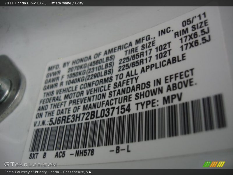 Taffeta White / Gray 2011 Honda CR-V EX-L