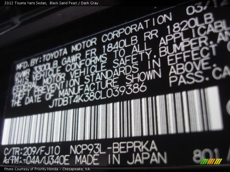 Black Sand Pearl / Dark Gray 2012 Toyota Yaris Sedan